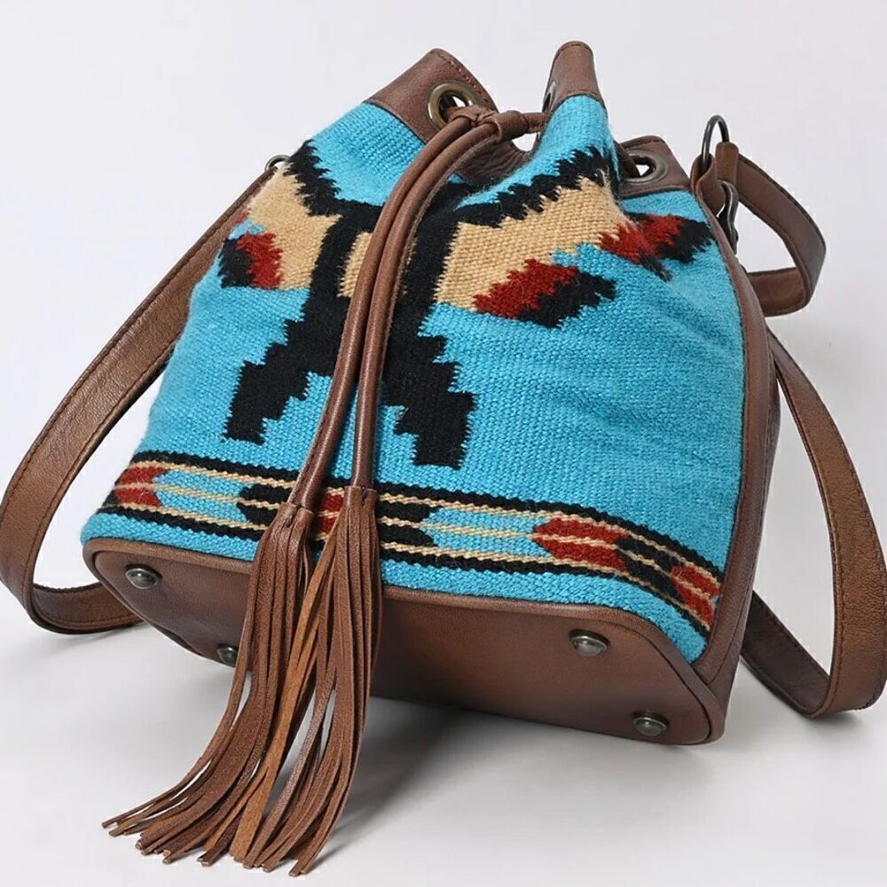 New Western Woven Thunderbird Leather Bucket Handbag Womens Drawstring Purse - Picture 4 of 8